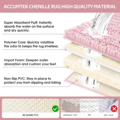ACCUMTEK Upgrade Extra Large Pink Bathroom Rug Set 3 Pieces Ultra Soft, Thick Absorbent Bath Mats, Non Slip Chenille Toilet Mat for Bathroom, Bedroom, Kitchen