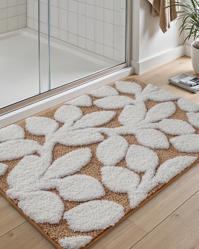 DEXI Bathroom Rugs Non Slip Washable 24x16, Boho White Leaf Bath Mat, Brown