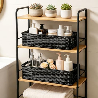 2pcs Toilet Paper Basket Black Handwoven Wicker Shelf Storage Basket