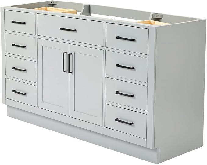 ARIEL Hepburn 60-inch Bathroom Vanity Base Cabinet,Solid Wood, 2 Soft Closing Doors, 9 Dovetail Drawers, Grey