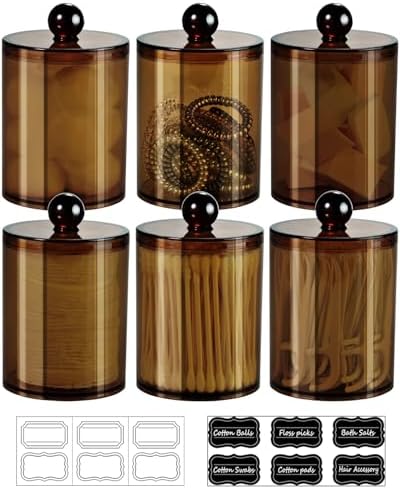 SheeChung 6 Pack Qtip Holder, Amber Acrylic Apothecary Jars for Bathroom