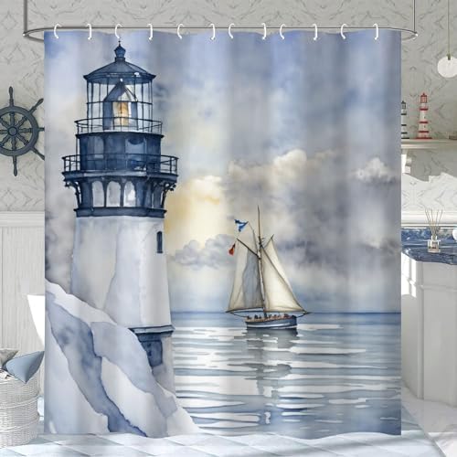 Coastal Lighthouse Shower Curtain for Bathroom, Ocean Nautical Sunrise Beach Seascape Bath Curtain, Sailboat Waterproof Shower Curtain Set Bathtub Decor Accessories with Hooks 72X72 in