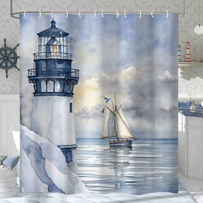 Coastal Lighthouse Shower Curtain for Bathroom, Ocean Nautical Sunrise Beach Seascape Bath Curtain, Sailboat Waterproof Shower Curtain Set Bathtub Decor Accessories with Hooks 72X72 in