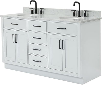 ARIEL Hepburn 60-inch Bathroom Vanity with Sink,Solid Wood, 0.75-inch Italian Carrara Marble Countertop & Backsplash, Double Oval Porcelain Sink, 4 Soft Closing Doors, 6 Dovetail Drawers, Grey