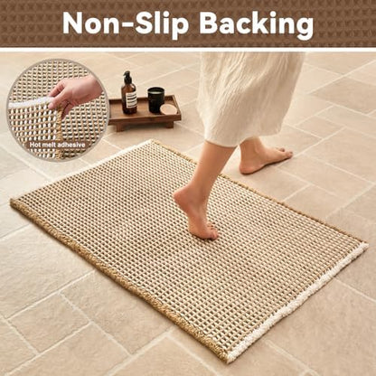 Triohero Waffle Runner Rug Bathroom, Long Boho Bath Mat 24x60 Khaki & White