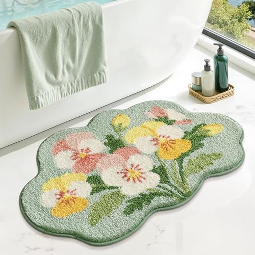 Floral Pansy Bath Mat, Soft Non-Slip Plush Bathroom Rug with Colorful Flower Pattern, Ultra Absorbent Microfiber Shaggy Bath Rug, Machine Washable Decorative Floor Mat for Bathroom Bedroom (Green)