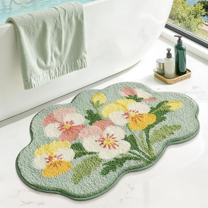 Floral Pansy Bath Mat, Soft Non-Slip Plush Bathroom Rug with Colorful Flower Pattern, Ultra Absorbent Microfiber Shaggy Bath Rug, Machine Washable Decorative Floor Mat for Bathroom Bedroom (Green)