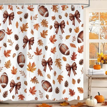 Fall Shower Curtain, Autumn American Football Maple Leaf Bathroom Curtain Set, Fall Thanksgiving Harvest Bath Curtain Decor Waterproof Fabric 72X72in