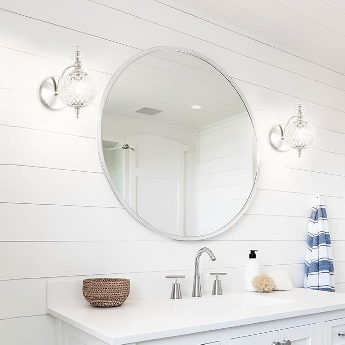 Brushed Nickel Bathroom Wall Sconce Vintage Style - G9 Bulb Compatible, Small Hardwired Bathroom Vanity Lighting with Hand-Etched Glass Shades, Easy Mounted for Bedroom Living Room Hallway