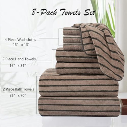 8 Pcs Brown Cabana Stripe Large Bath Towel Set-2 Bathroom Towels,2 Hand Towels,4 Washcloths Lightweight Soft Microfiber Bath Sheet Absorbent Shower Towel Quick Dry Beach Chair Spa Gym Hotel Towels