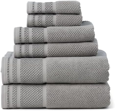 Texere 100% Organic Cotton Rice Weave Jacquard 700 GSM Luxury Bath Towel Sets - 2 Ultra Soft, Large Bath Towels, 2 Hand Towels, 2 Washcloths (Rice Weave, Cathedral Gray, 6 Piece)