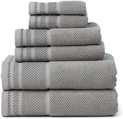 Texere 100% Organic Cotton Rice Weave Jacquard 700 GSM Luxury Bath Towel Sets - 2 Ultra Soft, Large Bath Towels, 2 Hand Towels, 2 Washcloths (Rice Weave, Cathedral Gray, 6 Piece)