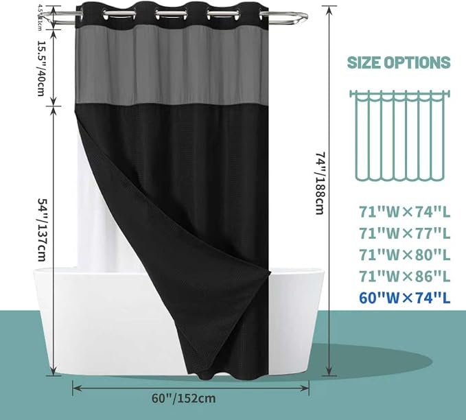 eachope No Hook Waffle Shower Curtain with Snap-in Liner, 60x74 Inch, Black | 230GSM waffle weave fabric, waterproof liner set with 2 bottom magnets, mesh window, washable, for shower stalls or bathrooms
