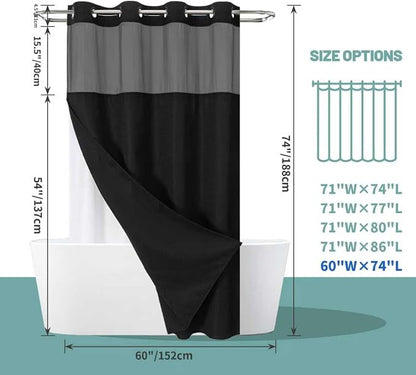 eachope No Hook Waffle Shower Curtain with Snap-in Liner, 60x74 Inch, Black | 230GSM waffle weave fabric, waterproof liner set with 2 bottom magnets, mesh window, washable, for shower stalls or bathrooms