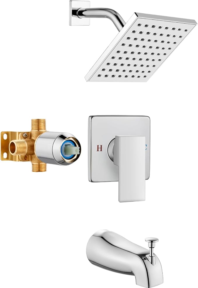 Heyalan 8-Inch Shower Faucet Set with Tub Spout and Valve, Polished Chrome | 8-inch square rainfall head, tub spout with diverter, male-thread rough-in valve, single-handle control and wall-mount design