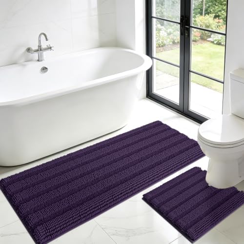 ACCUMTEK Striped Eggplant Purple Toilet Bathroom Rug Mat Set 2 piece Rug Ultra Soft, Non Slip Chenille Bath Rugs, Absorbent Plush Shaggy Bath Mats for Bathroom, Bedroom, Kitchen, Shower, Tub