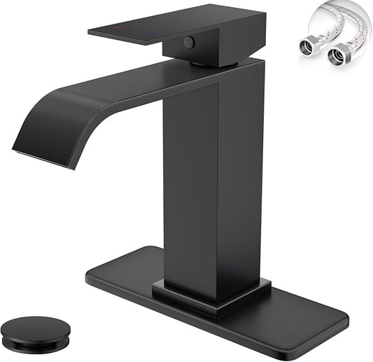 Matte Black Bathroom Faucets, Evolvegoods Modern Waterfall Bathroom Faucet, Single Handle 1 or 3 Hole Bathroom Sink Faucet, RV Mixer Tap Vanity Faucet with Deck Plate, Pop-up Drain and Supply