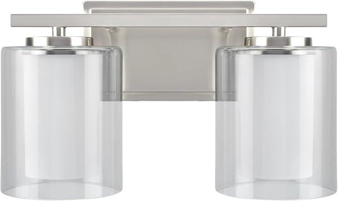 Aspen Creative 62102A, Two-Light Metal Bathroom Vanity Wall Light Fixture, 13 1/2" Wide, Transitional Design in Satin Nickel with Clear Glass Shade