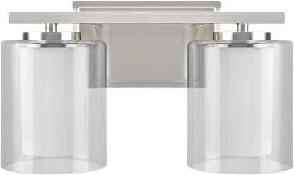 Aspen Creative 62102A, Two-Light Metal Bathroom Vanity Wall Light Fixture, 13 1/2" Wide, Transitional Design in Satin Nickel with Clear Glass Shade