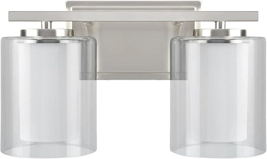 Aspen Creative 62102A, Two-Light Metal Bathroom Vanity Wall Light Fixture, 13 1/2" Wide, Transitional Design in Satin Nickel with Clear Glass Shade