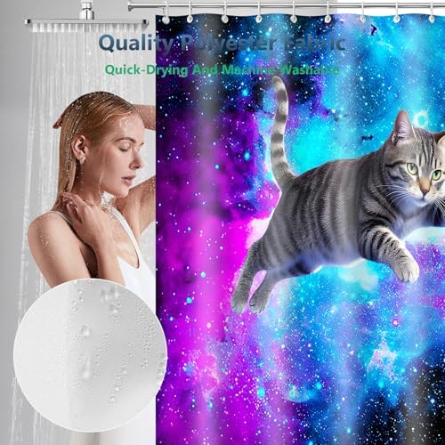 Space Tabby Cat Blue Purple Nebula Shower Curtain with Hooks 72 x 72 Inches