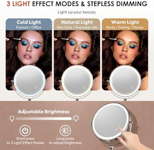ZLOKLA 9" Wall Mounted Lighted Makeup Mirror,4000mAh Rechargeable Double Sided 1X/20X Magnifying Mirror with Light,Touch Dimmable,Extended Arm 360 Rotation Wall Mounted Makeup Mirror 3 Color Lights-N