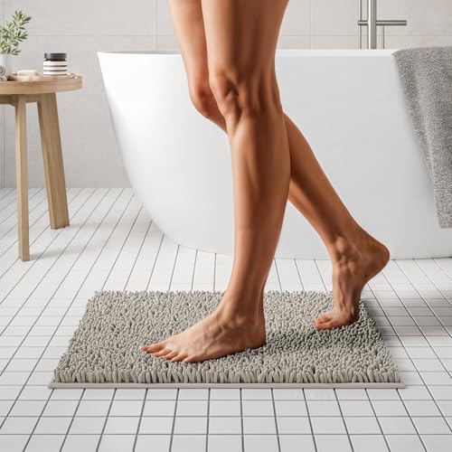 MAYSHINE Plush Shaggy Chenille Bath Mat | Extra Soft, Super Absorbent, Non-Slip Bathroom Rug | Fluffy Microfiber, Area Rug Sets for Bathroom Floor, Kitchen, Living Room | 24"x17" | Shale Grey