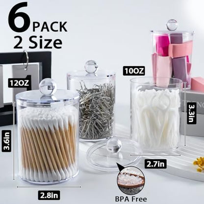 6 Pcs Acrylic Qtip Holder, Cotton Ball Holder Jars with Lids, Clear