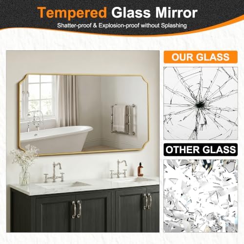 Delma Bathroom Vanity Mirror, Gold Framed Aluminum Bathroom Mirror for Over Sink, Scalloped Round Corner Wall Mirror, High-Definition Vanity Mirror, Hangs Horizontally or Vertically (30x55,Gold)