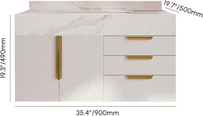 Bathroom Vanity with Sink, Modern Bathroom Vanity with Faux Marble Top, Gold Hardware & Soft-Close Drawers for Bathroom Storage (35.4 Inch, White, Single Sink & Floating)