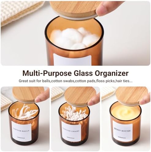 2 Pack Glass Qtip Holder Dispenser Set - Q Tip Holder for Bathroom Canister Qtip Dispenser with Lid for Cotton Balls, Swabs, Floss Picks, and Makeup Sponges ,Amber,Large Capacity