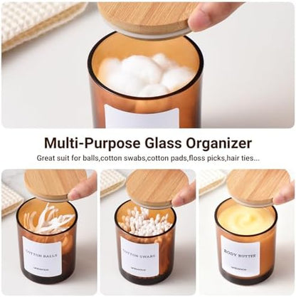 2 Pack Glass Qtip Holder Dispenser Set - Q Tip Holder for Bathroom Canister Qtip Dispenser with Lid for Cotton Balls, Swabs, Floss Picks, and Makeup Sponges ,Amber,Large Capacity