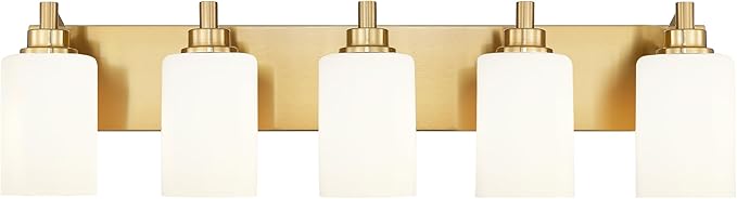 5-Light Bathroom Light Fixtures, 30 Inch Brushed Gold Vanity Light with Cylinder Milk White Glass Shade, Modern Vanity Lighting Fixtures Over Mirror, VL143-BG-ML-5