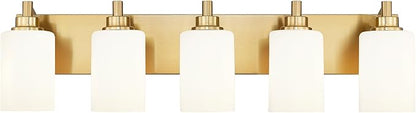 5-Light Bathroom Light Fixtures, 30 Inch Brushed Gold Vanity Light with Cylinder Milk White Glass Shade, Modern Vanity Lighting Fixtures Over Mirror, VL143-BG-ML-5