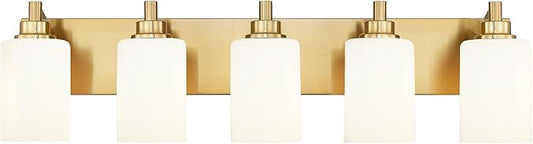 5-Light Bathroom Light Fixtures, 30 Inch Brushed Gold Vanity Light with Cylinder Milk White Glass Shade, Modern Vanity Lighting Fixtures Over Mirror, VL143-BG-ML-5