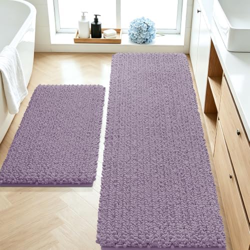 ACCUMTEK Upgrade Luxury 2 Piece Lavender Toilet Bathroom Rug Mat 60"x20"+32"x20", Ultra Soft Thick Absorbent Bath Mats, Non Slip Chenille Toilet Mat for Bathroom, Bedroom, Kitchen, Shower, Tub