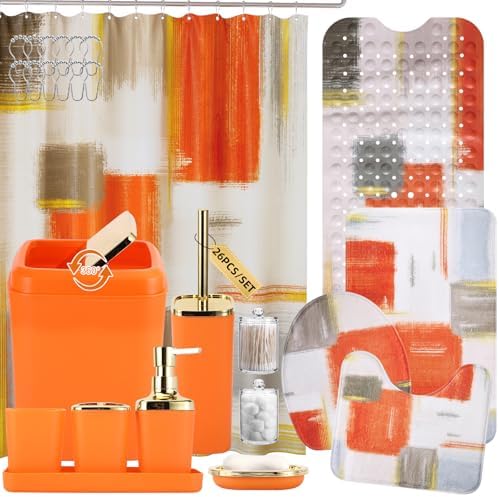 XLHOMO Bathroom Accessories Set - 26PCS Orange Bathroom Set, Luxury Bathroom Accessory Set with Shower Curtain and Rugs and Bathtub Mats for Home