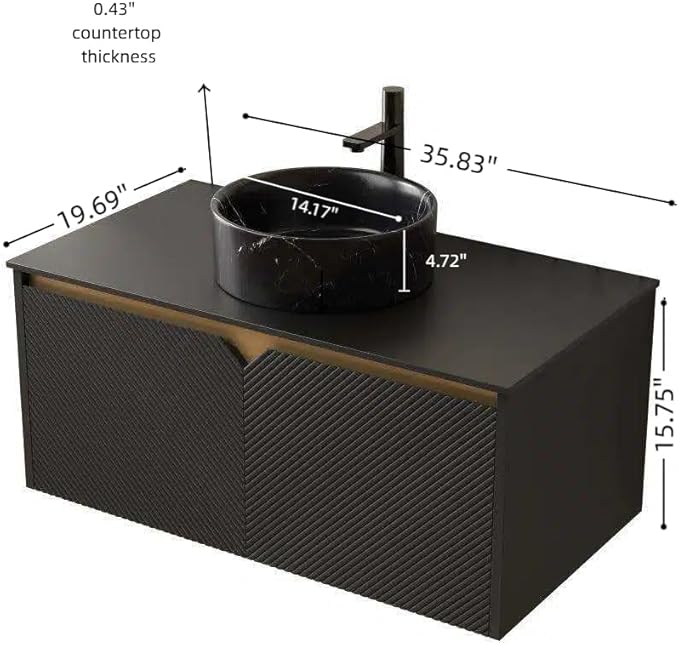 Bathroom Vanity with Sink 36 Inch, Floating Modern Vanity with Vessel Sink, Fluted Bathroom Vanity Cabinet with 2 Doors with Metal Trim, Black Round Sink & Sintered Stone Top, Black