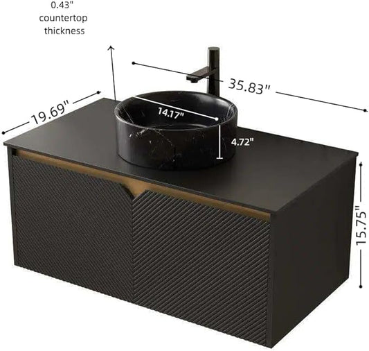 Bathroom Vanity with Sink 36 Inch, Floating Modern Vanity with Vessel Sink, Fluted Bathroom Vanity Cabinet with 2 Doors with Metal Trim, Black Round Sink & Sintered Stone Top, Black