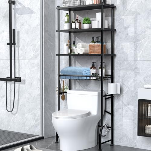4-Tier Over-The-Toilet Storage Rack, Bathroom Organizer Shelf Over Toilet With Shelf Waterproof Feet Pad And Basket, Multifunctional Space Saver Bathroom Shelves Above Toilet for Room (Black)