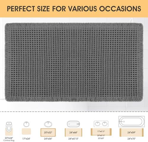 IM HOME Waffle Bath Mat Grey 32"x20", Boho Woven Modern Bath Mat Rugs, Absorbent Non Slip Bathroom Rugs, Soft Washable Bath Rugs with Tassels for Bathroom, Bedroom, Kitchen, Shower, Tub