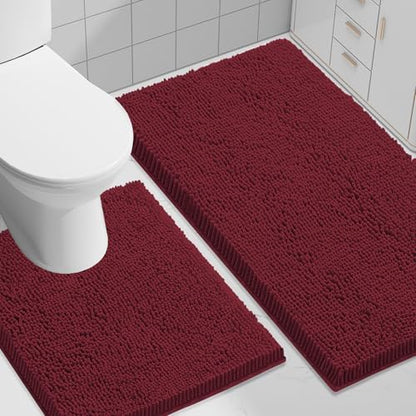 Smiry Chenille Bathroom Rugs Sets 2 Piece (30x20+ U Shape 24x20, Burgundy)