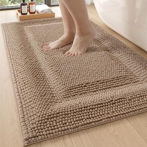 DEXI Bathroom Rugs 43x24, Non Slip Washable Chinelle Bath Mat, Dark Beige