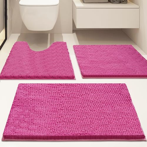 Bathroom Rugs Sets 3 Piece Non Slip,Bath Rugs with PVC Backing Bath Carpet,Bathroom Rug Washable,Absorbent,Plush Carpet Mats,Bath Mats for Bedroom, Kitchen,Tub,Home Decor(Rose red)