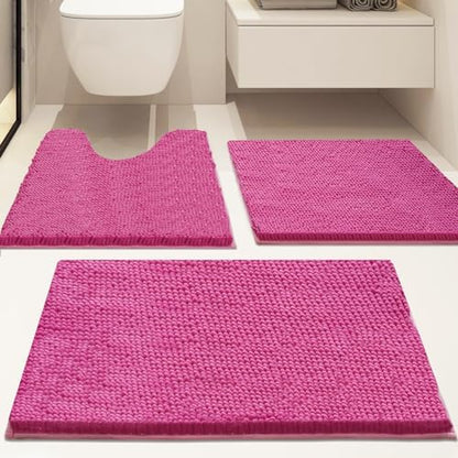 Bathroom Rugs Sets 3 Piece Non Slip,Bath Rugs with PVC Backing Bath Carpet,Bathroom Rug Washable,Absorbent,Plush Carpet Mats,Bath Mats for Bedroom, Kitchen,Tub,Home Decor(Rose red)
