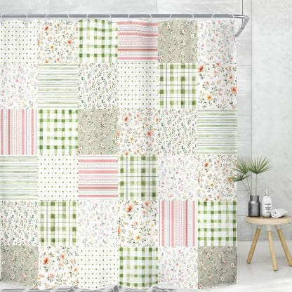 MESHELLY Extra Long Boho Floral Patchwork Shower Curtain 72Wx84H Vintage Checkered Sage Green Plaid Pink Striped Rustic Bathroom Curtain Farmhouse Bath Curtain Bathroom Accessories Decor with 12 Hooks