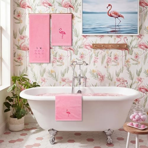 3 Pcs Flamingo Bathroom Towel Set Farmhouse Embroidered Flamingo Towels Vintage Decorative 100% Cotton Bath Towel Highly Absorbent Elegant Summer Decor Set for Bathroom