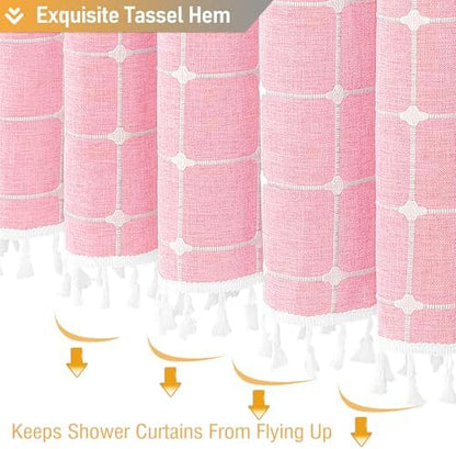 BTTN Pink Boho Farmhouse Linen Heavy Duty Fabric Shower Curtain Set, 72x72
