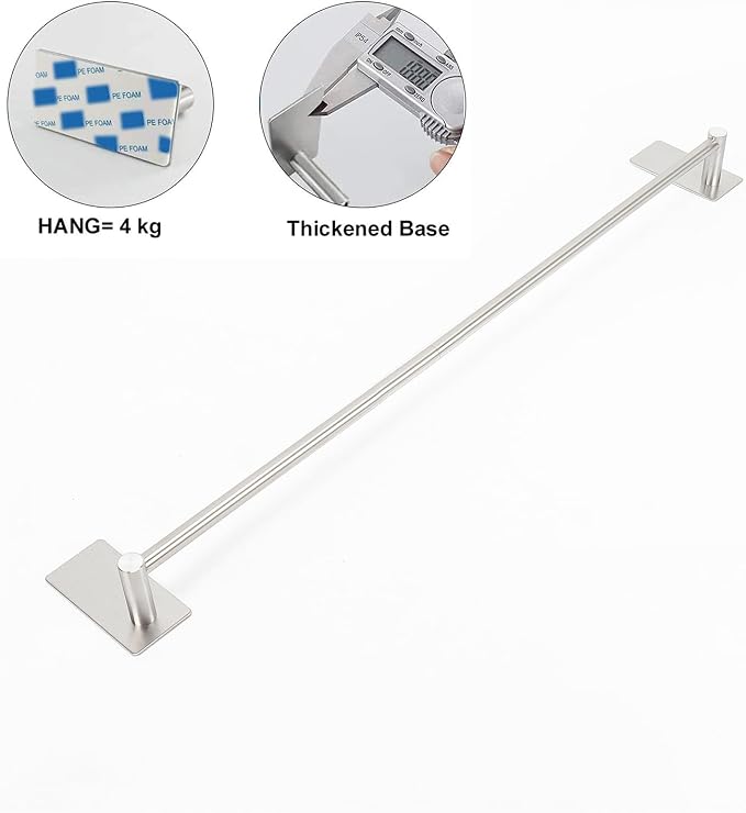 NearMoon Self Adhesive Bathroom Towel Bar- Stainless Steel Bath Wall Shelf Rack Hanging Towel Stick On Sticky Hanger Contemporary Style, NO Drilling (1 Pack, Brushed Nickel, 27-Inch Towel Rack)