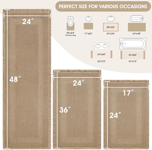 Upgraded Waffle Bath Mat Set 3 Piece Beige-Looped, Super Absorbent Non-Slip Quick Dry Bathroom Rugs with Tassels, Machine Washable Ultra Soft Boho Bath Rugs for Floor, Toilet Mats Boho Farmhouse Decor